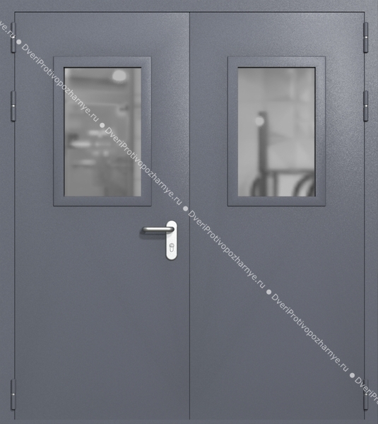 Двупольная дверь ei-60 со стеклами 600x400 и ручками хром (цвет темно-серый RAL 7015) Двупольная дверь ei-60 со стеклами 600x400 и ручками хром (цвет темно-серый RAL 7015)