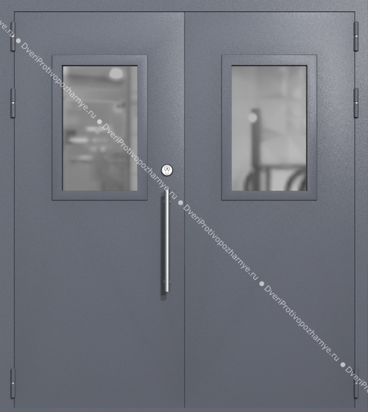 Двупольная техническая дверь со стеклами 600x400 (цвет темно-серый RAL 7015)