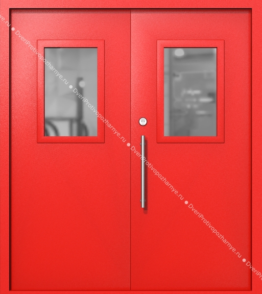 Двупольная техническая дверь со стеклами 600x400 (цвет красный RAL 3020)