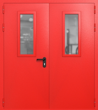 Двупольная дверь ei-60 со стеклами 700x300 (цвет красный RAL 3020)