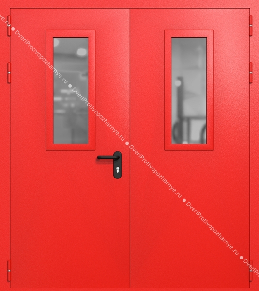 Двупольная дверь ei-60 со стеклами 700x300 (цвет красный RAL 3020)
