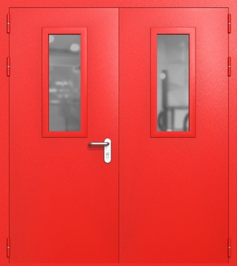 Двупольная дверь ei-60 со стеклами 700x300 и ручками хром (цвет красный RAL 3020)