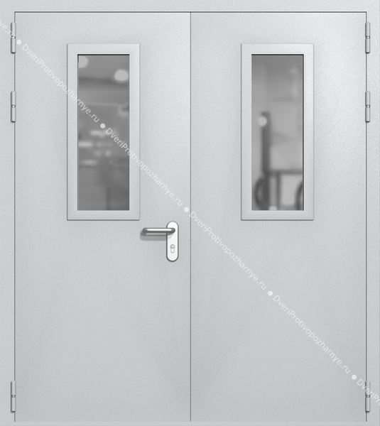 Двупольная дверь ei-60 со стеклами 700x300 и ручками хром (цвет светло-серый RAL 7047)