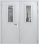 Двупольная дверь ei-60 со стеклами 700x300 и ручками хром (цвет светло-серый RAL 7047)