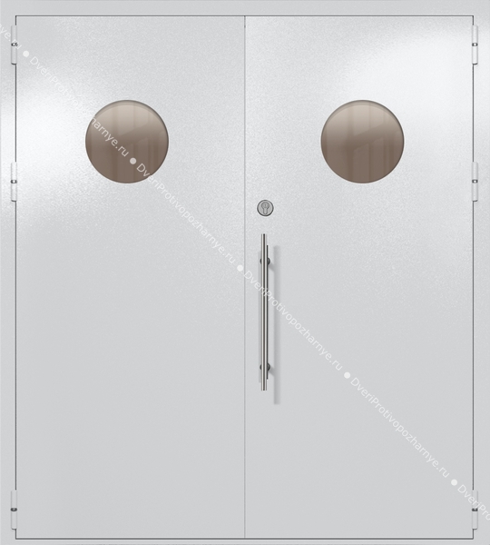 Двупольная техническая дверь с круглыми стеклами (цвет светло-серый RAL 7047)