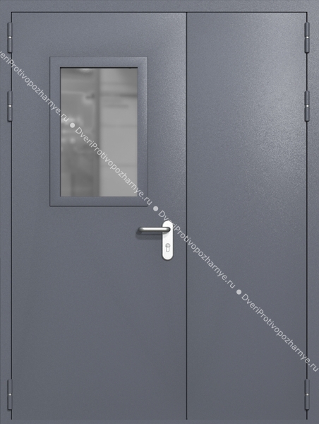 Полуторапольная дверь ei-60 со стеклом 600x400 и ручками хром (цвет темно-серый RAL 7015)