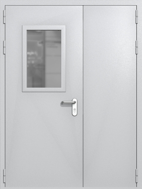 Полуторапольная дверь ei-60 со стеклом 600x400 и ручками хром (цвет светло-серый RAL 7047)