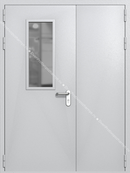 Полуторапольная дверь ei-60 со стеклом 700x300 и ручками хром (цвет светло-серый RAL 7047)